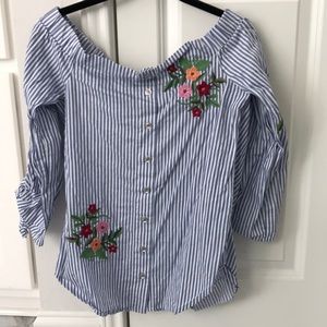 Off-the-shoulder pinstripe blouse by FifteenTwenty